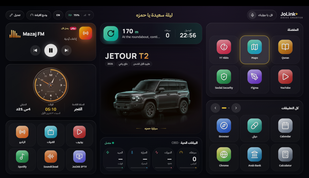 شاشة JoLink+ على السيارة: وسائط وصلاة، صورة السيارة وشريط الخرائط، وأرقام القطعة والتطبيقات